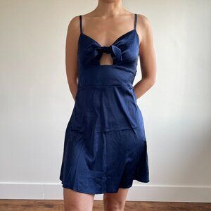 Zaful - Navy Blue Tie Front Satin Cami Dress